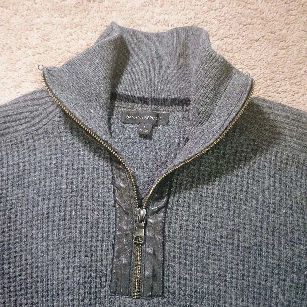 Banana Republic Quarter Zip Pullover Mens Large Gray Waffle Knit Sweater